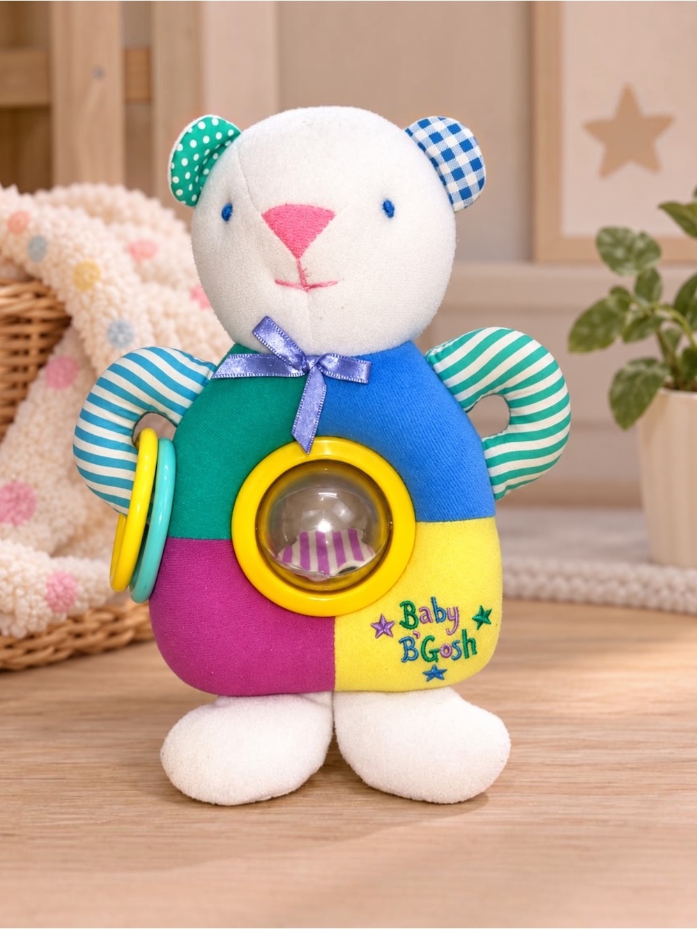 Vintage Baby B’Gosh Teddy Bear Baby Rattle Plush Pastel Activity Toy 9”